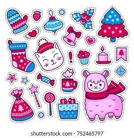 Cute kitten, alpaca, christmas tree, gift, star, sweets, heart. Set of cartoon characters, decorative elements, stickers, patches, badges, pins, prints for kids. Vector isolated illustration.