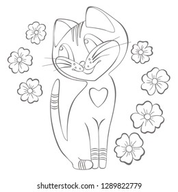 Cute kitten among flowers. Cartoon hand drawn vector illustration. Can be used for t-shirt print. Kids wear fashion design. Baby invitation card