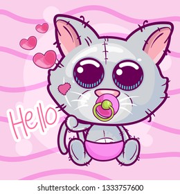 cute kitten, baby shower card vector illustration. Can be used for baby t-shirt print, fashion print design, kids wear, baby shower celebration greeting and invitation card. - Vector