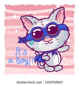 cute kitten, baby shower card vector illustration. Can be used for baby t-shirt print, fashion print design, kids wear, baby shower celebration greeting and invitation card. - Vector