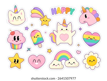 Bonito Gatinho Baby Unicórnio com sobremesas de arco-íris engraçadas, cupcakes e personagens de sorvete. Engraçado adesivo de flor. Desenhado à mão Cartoon estilo kawaii adesivos Feliz aniversário. Vetores de cores suaves pastel