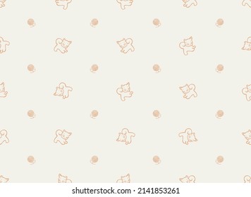 Cute kitten and ball of wool, simple vector monochrome seamless pattern. Hand drawn line drawing. Perfect for textiles, kids room wallpapers, covers, paper packaging, postcards, notepads, kids clothes