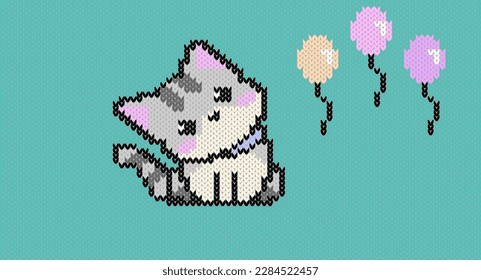 Cute kitten and ballons on green background seamless pattern. Winter background with cat for fashion design, vector illustration