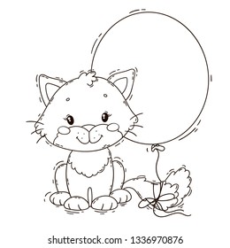 Cute kitten with balloon. Coloring book page.