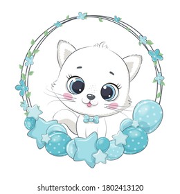 Cute kitten with balloon and wreath. Vector illustration for baby shower, greeting card, party invitation, fashion clothes t-shirt print.