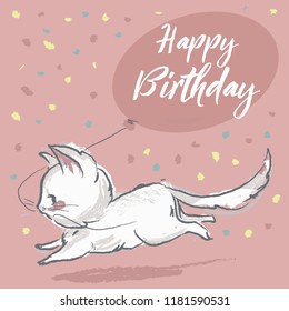 Cute kitten with balloons and happy birthday sign. Cartoon style in vector.