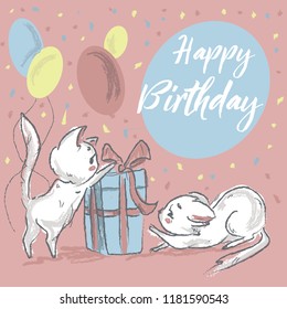 Cute kitten with balloons and happy birthday sign. Cartoon style in vector.