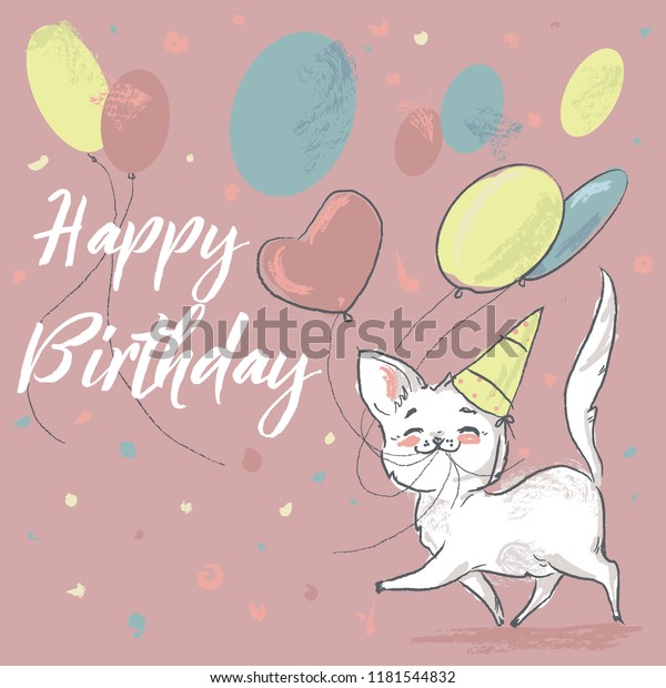 Cute Kitten Balloons Happy Birthday Sign Stock Vector (Royalty Free ...