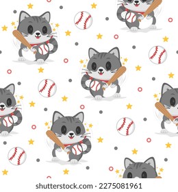 Cute Kitten Baseball Cartoon Vectors Pattern Backgrounds.