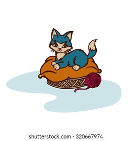 Cute kitten in a basket, vector cartoon illustration