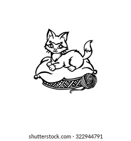 cute kitten in a basket, vector cartoon illustration with no fill
