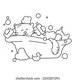 Cute kitten in the bath. Vector illustrations for baby clothes, greetings and invitations, posters, stickers, coloring pages, interior decoration, grooming