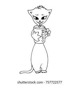 A cute kitten with big eyes and a cup of coffee in the style of a children's illustration. Vector image isolated on white.