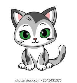 Cute kitten with big green eyes vector illustration, isolated on white background, funny cartoon character pet.