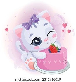 Cute Kitten With Birthday Cake Vector