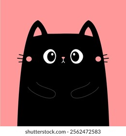 Cute kitten. Black cat silhouette icon. Smiling face. Funny kawaii animal. Cute cartoon pet baby character. Greeting card. Sticker print. Childish style Flat design. Pink background. Vector