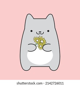 Cute kitten with a bouquet of flowers in its paws on a pink background. Vector image.