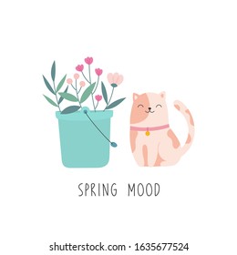Cute kitten with a bouquet of flowers. Spring mood, home plants. Cartoon vector illustration on a white background.