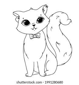Cute kitten with a bow. Simple drawing coloring book with a cat for Halloween. Vector illustration isolated on white background.