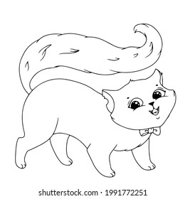 Cute kitten with a bow. Simple drawing coloring book with a cat for Halloween. Vector illustration isolated on white background.