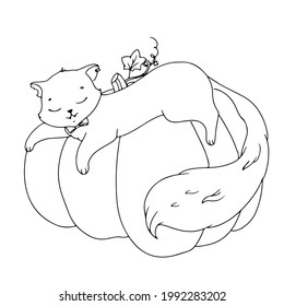 Cute kitten with a bow. Simple drawing coloring book with a cat for Halloween. Vector illustration isolated on white background.