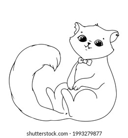 Cute kitten with a bow. Simple drawing coloring book with a cat for Halloween. Vector illustration isolated on white background.
