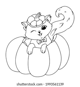 Cute kitten with a bow. Simple drawing coloring book with a cat for Halloween. Vector illustration isolated on white background.