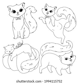 Cute kitten with a bow. Simple drawing coloring book with a cat for Halloween. Vector illustration isolated on white background.