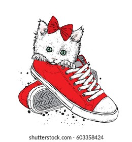 A cute kitten with a bow sits in sneakers. Vector illustration. Beautiful cat.