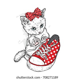 Cute kitten with a bow and stylish sneakers. Vector illustration for a postcard or a poster. Beautiful cat. Fashion & Style.