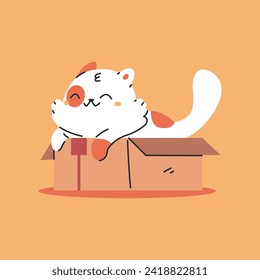 Cute kitten in box vector cartoon character illustration isolated on background.