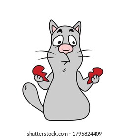 Cute kitten with a broken heart. Vector children's design for greeting cards, banners.Sticker