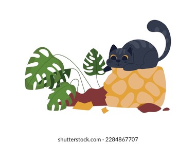 Cute kitten and broken houseplant icon isolated