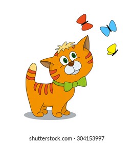 Cute kitten with butterflies. Cartoon illustration of animal character. Brilliant card for children