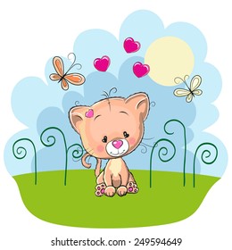 Cute Kitten with butterflies on the meadow 