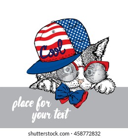 Cute kitten in a cap and glasses. Vector illustration for greeting card, poster, or print on clothes.