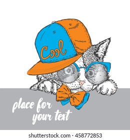 Cute kitten in a cap and glasses. Vector illustration for greeting card, poster, or print on clothes.