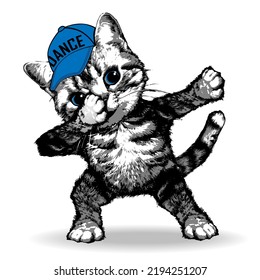 Cute kitten in cap making dab move. Vector illustration.