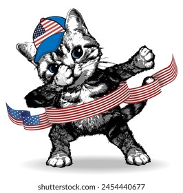 Cute kitten in cap making dab move with cap in American flag. Independence day illustration. Vctor illustration