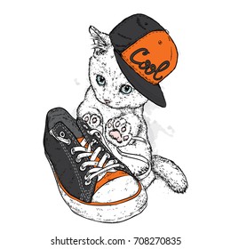 Cute kitten in a cap and stylish sneakers. Vector illustration for a postcard or a poster. Beautiful cat. Fashion & Style.