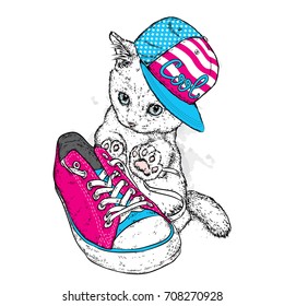 Cute kitten in a cap and stylish sneakers. Vector illustration for a postcard or a poster. Beautiful cat. Fashion & Style.