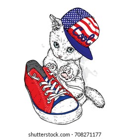 Cute kitten in a cap and stylish sneakers. Vector illustration for a postcard or a poster. Beautiful cat. Fashion & Style.