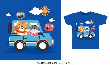 Cute kitten in car cartoon tshirt concept design