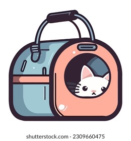 Cute kitten carrying luggage on a journey icon isolated