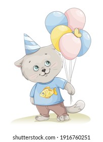 Cute kitten cartoon character holding balloons. Stock vector illustration, clipart, usable for birthday party greeting card, invitation