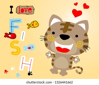 cute kitten cartoon with colorful fishes
