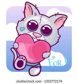 cute kitten cartoon with heart. Can be used for baby t-shirt print, fashion print design, kids wear, baby shower celebration greeting and invitation card. - Vector