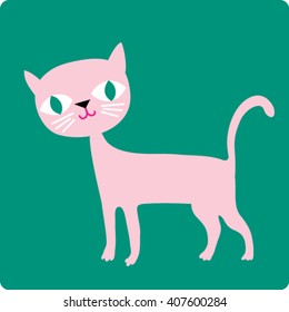 Cute kitten. Cartoon Pink cat Vector illustration.