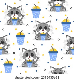 Cute Kitten Cartoon Vector Pattern Design.