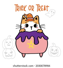 cute kitten cat animal in cauldron poison pot cartoon doodle illustration outline
